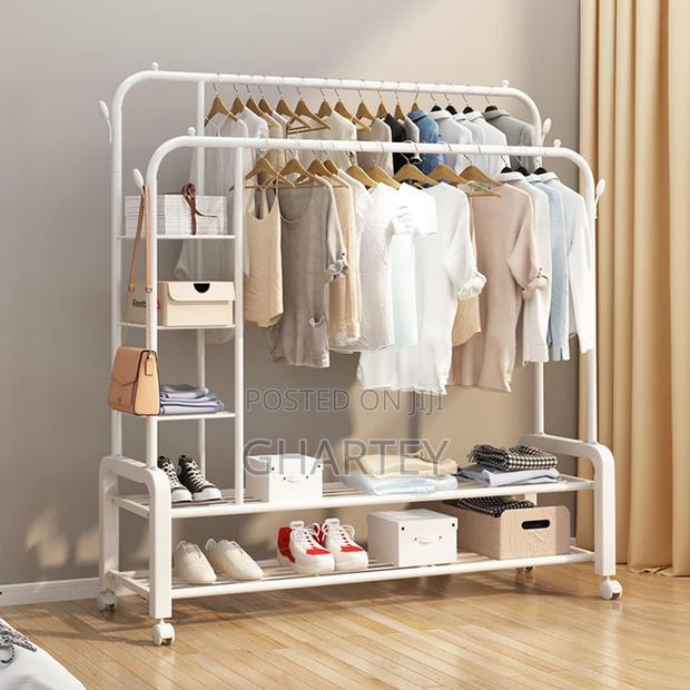 Double Metal Hanging Rail Clothes Rack With Shelves White · Photo 3