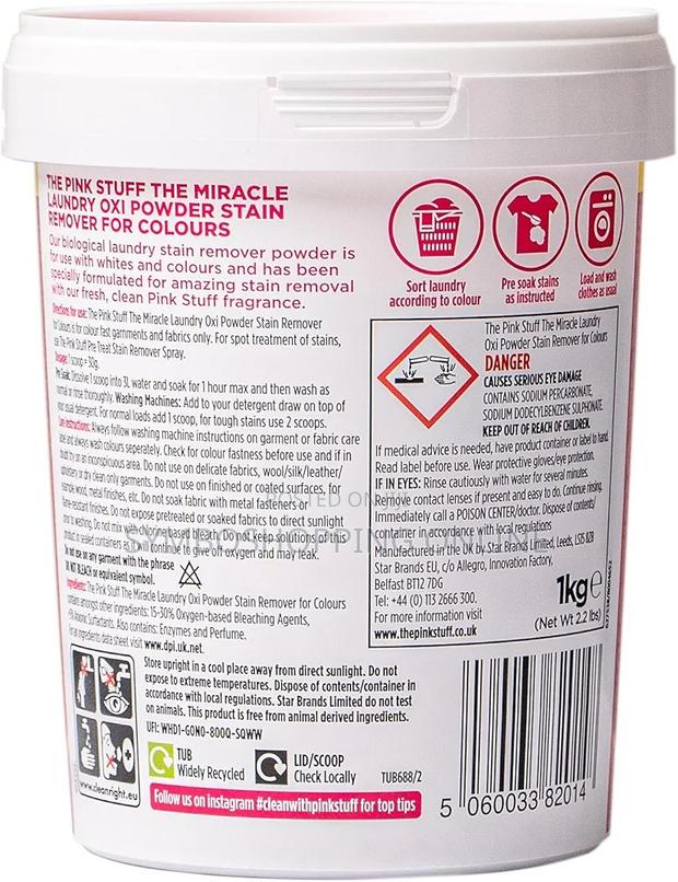 The Pink Stuff Miracle Laundry Oxi Powder Stain Remover, 1kg photo 2
