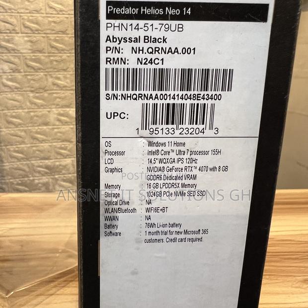 New Laptop Acer Predator Helios Neo 16 16GB Intel Core Ultra 7 SSD 1T