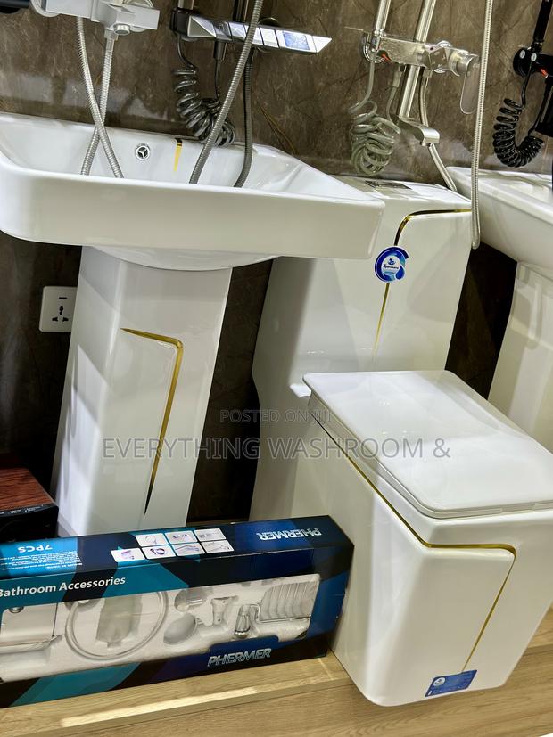 Water Closet and Hand Wash Basin Set-Wc-Basin-White and Gold · Photo 4