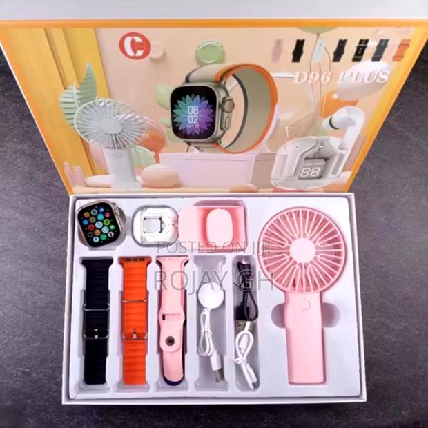 D96 Plus Smart Watch With Mini Fan, Airpod Combo Pack - Pink photo 2