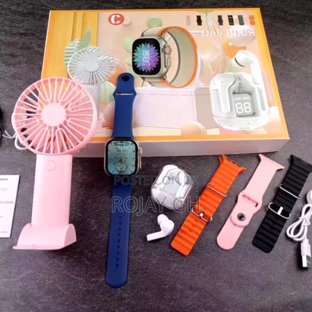 D96 Plus Smart Watch With Mini Fan, Airpod Combo Pack - Pink