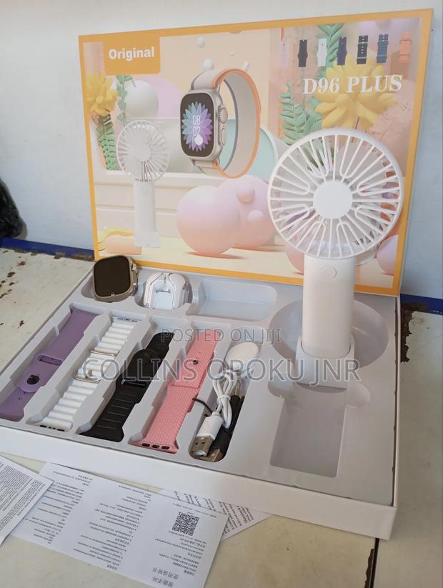 D96 Plus Smartwatch With Airdrop Hand Fan Combo - White photo 3