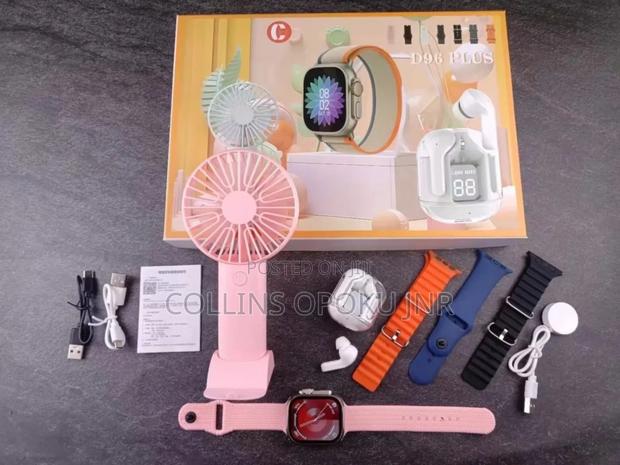 7-in-1 Ultra D96 Plus Smart Watch Earphone With 1 Fan-Pink photo 3
