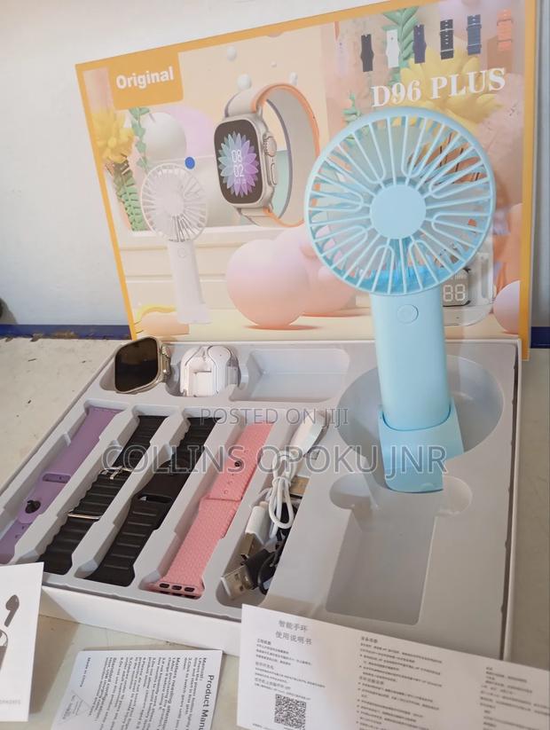 D96 Plus Smartwatch With Mini Hand Fan Earbud Set - Blue photo 3