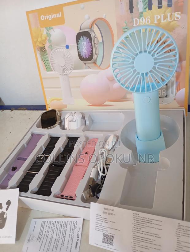 D96 Plus Smartwatch With Mini Hand Fan Earbud Set - Blue photo 4
