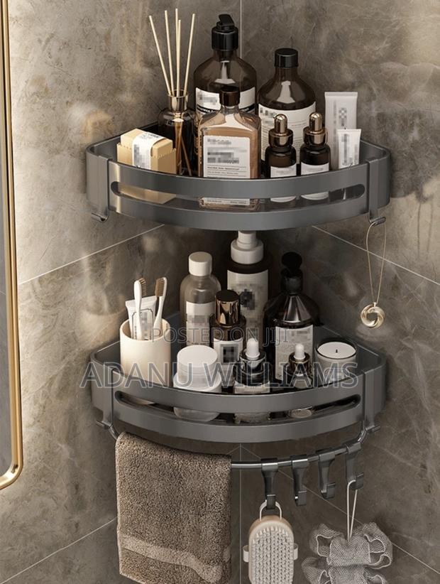 2 Tiers Triangle Bathroom Shelves With Hooks Towel Bar · Photo 3