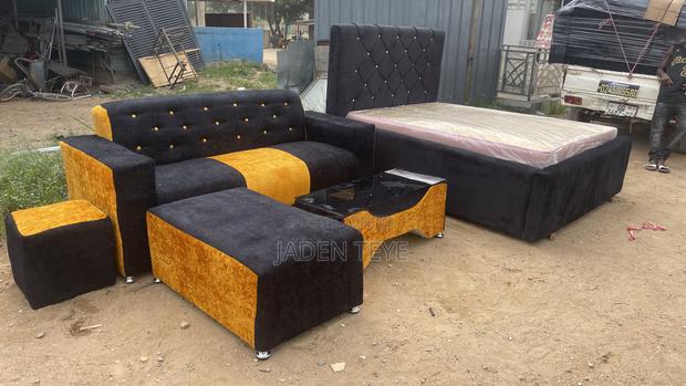 Black and Gold Fabric 3 in Set Doable Bed With Mattress