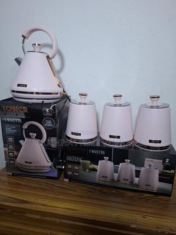 Tower Cavaletto Pink Kettle 3 Set Tea Canisters Uk photo 2