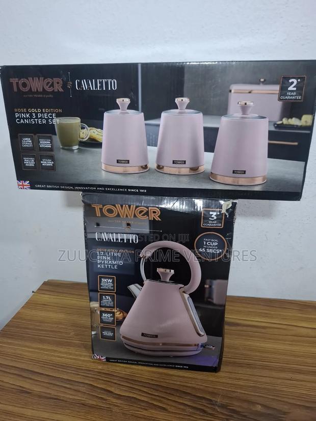Tower Cavaletto Pink Kettle 3 Set Tea Canisters Uk