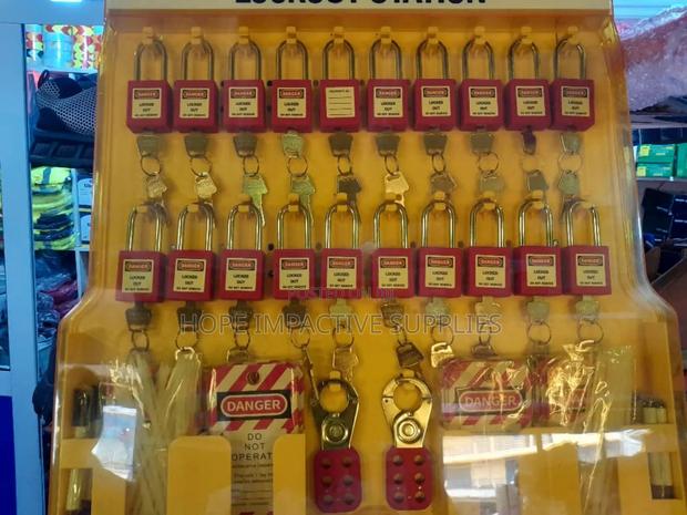 Safety Lockout Station With Padlocks.