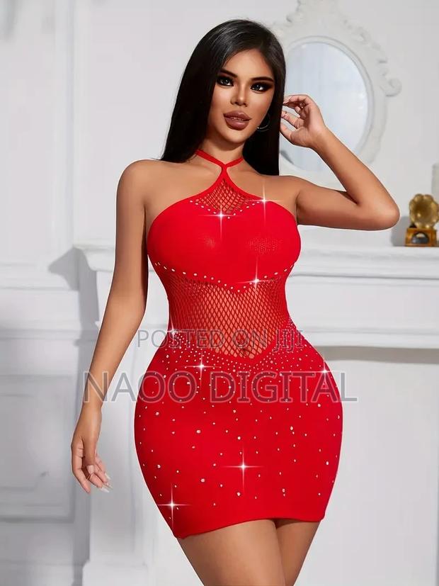 Red Halter Neck Knit Bodysuit Dress With Hollow Mesh Detail