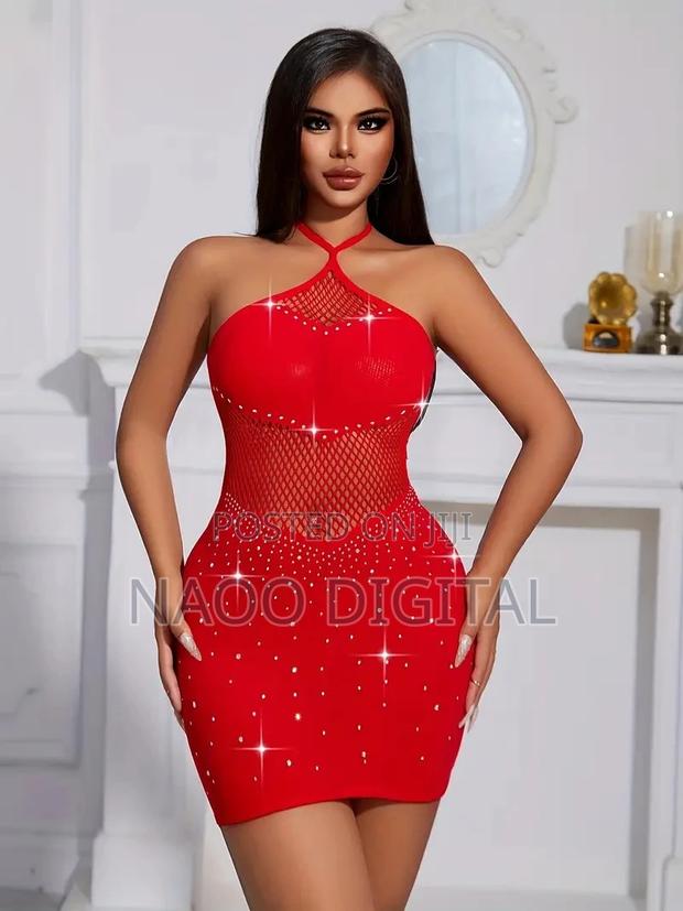Red Radiance: Hollow Mesh Halter Knit Bodycon Dress