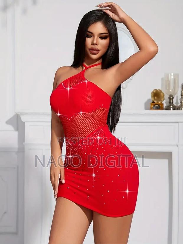 Red Radiance: Hollow Mesh Halter Knit Bodycon Dress photo 3
