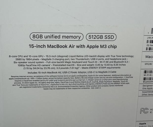 New Laptop Apple MacBook Air 2024 M3 15-Inch 8GB Apple M3 SSD 512GB