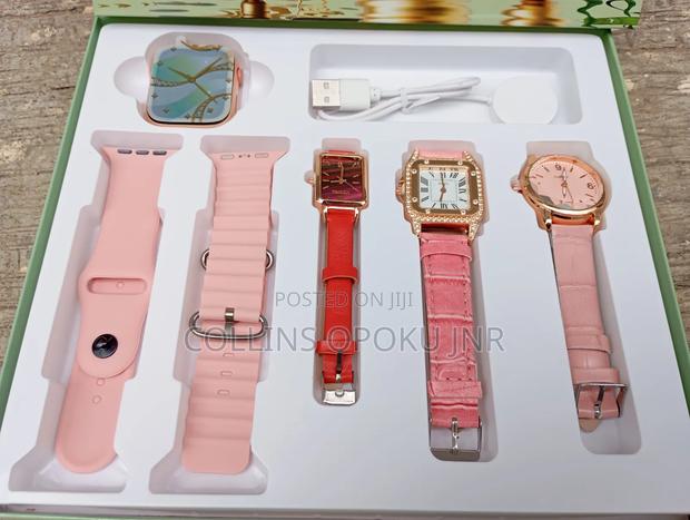 I-530 Mini 4-in-1 Smart Watch 2 Straps With 3 Quartz Watches - Pink photo 3