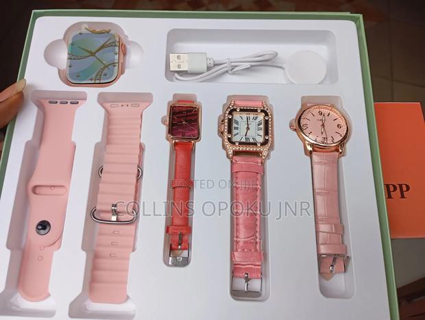 I-530 Mini 4-in-1 Smart Watch 2 Straps With 3 Quartz Watches - Pink photo 4