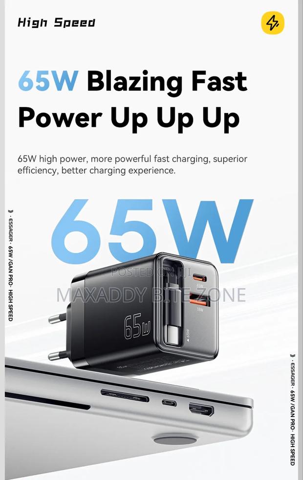 Essager 65w Gan Charger With Retractable Cable Pd Fast Charging photo 2