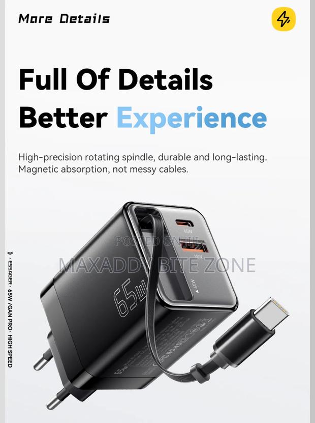 Essager 65w Gan Charger With Retractable Cable Pd Fast Charging photo 3