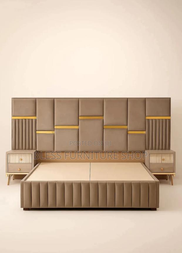 Brown and Gold Queen Size Bed Frame With Side Drawers · Photo 1