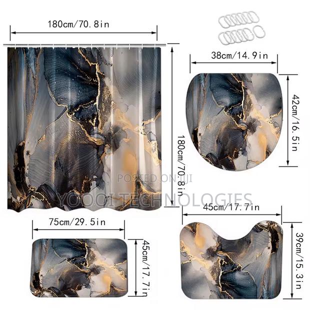 4pcs Marble Patterned Bathroom Shower Curtain Set photo 4