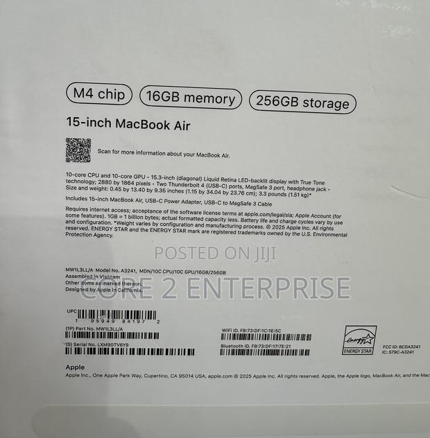 Laptop Apple MacBook Air 2025 M4 15-Inch 16GB Apple M4 SSD 256GB
