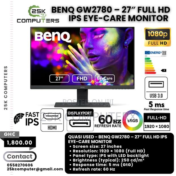 Benq 27" Full Hd Ips Eye-care Monitor 60hz, Hdmi, Displayport...