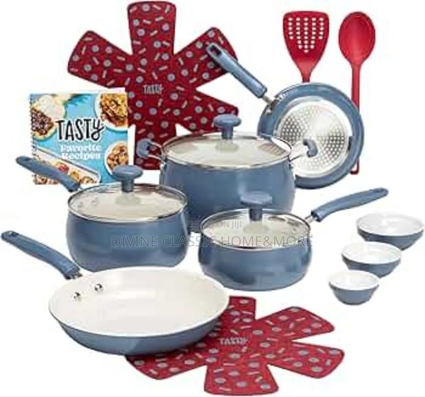 Tasty Clean Ceramic 16pcs Non-Stick Aluminium Cookware Set, Slate Blue photo 2
