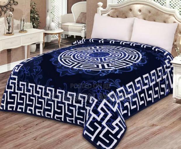 Quality Korean Mink Blanket With a Blue and White Greek Key Pattern. photo 4