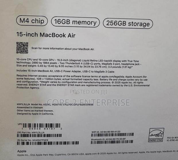 New Laptop Apple MacBook Air 2025 M4 15-Inch 16GB Apple M4 SSD 256GB