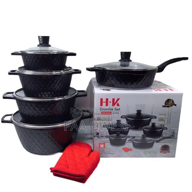H·Vk 12 Pieces Granite Pot Set With Glass Lids