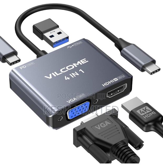 4-in-1 Usb-C Hub With Hdmi , Vga 1080p, Usb 3.0,