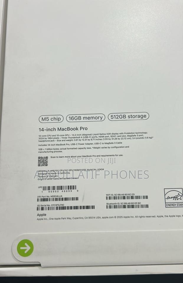 New Laptop Apple MacBook Pro 16GB Apple M5 SSD 512GB