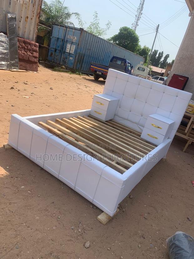 White Leather Bed Frame With Two Side Drawers