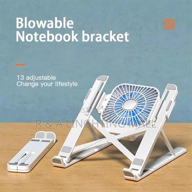 2in1 Foldable Laptop Stand With Cooling Fan + Phone Holder - White