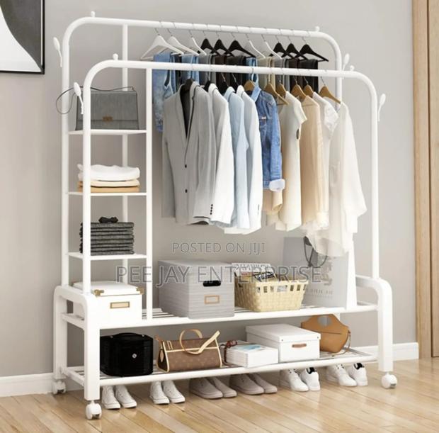 Double Rails Garment Rack With 5 Tier Storage Shelves And 4 Hooks photo 2