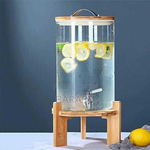 10l Glass Beverage Dispenser With Stainless Steel Tap Bamboo Stand"