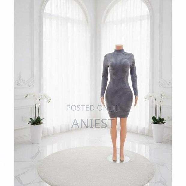 Elegant Ribbed Bodycon Turtleneck Mini Dress – Grey photo 2